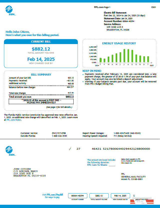 USA FPL utility bill template in Word and PDF formats, version 5